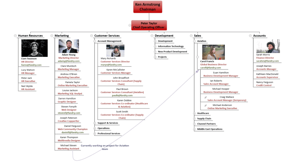 an org chart showing the different teams involved in a large organisation.