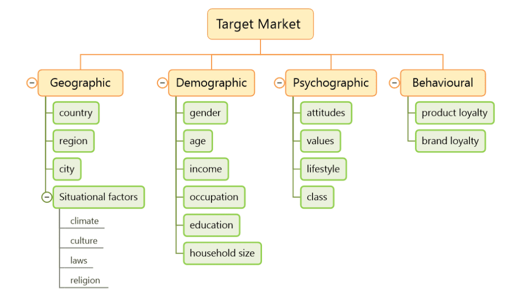 this is a target market mind map shwoing 4 areas: geographic, demographic, pyschographic and behavioural
