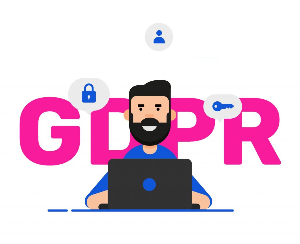 man behind a laptop with the letters GDPR behind him