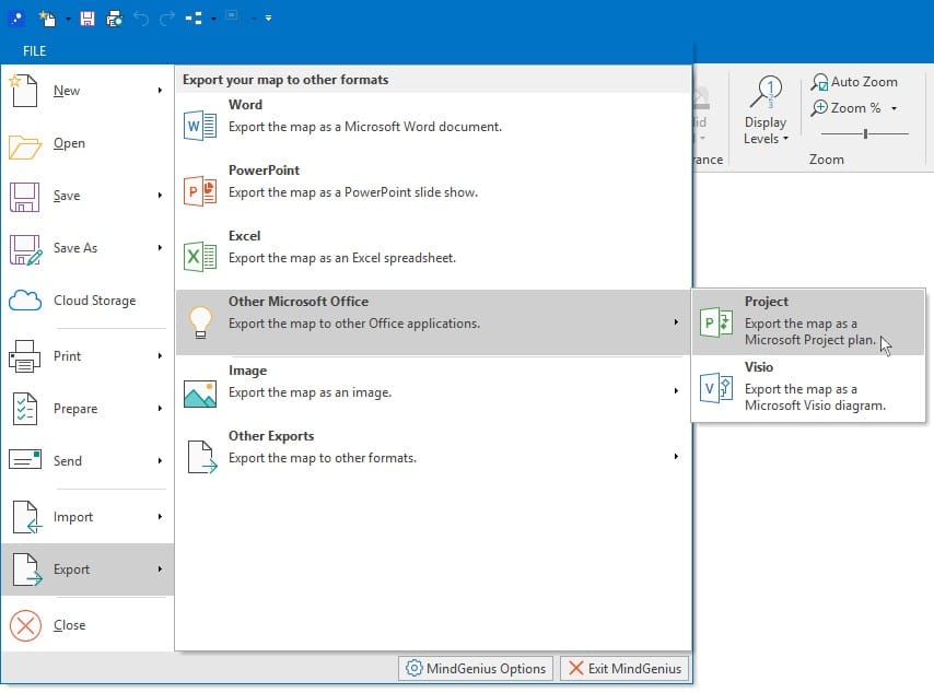 screenshot from MindGenius desktop showing how to export from microsoft project