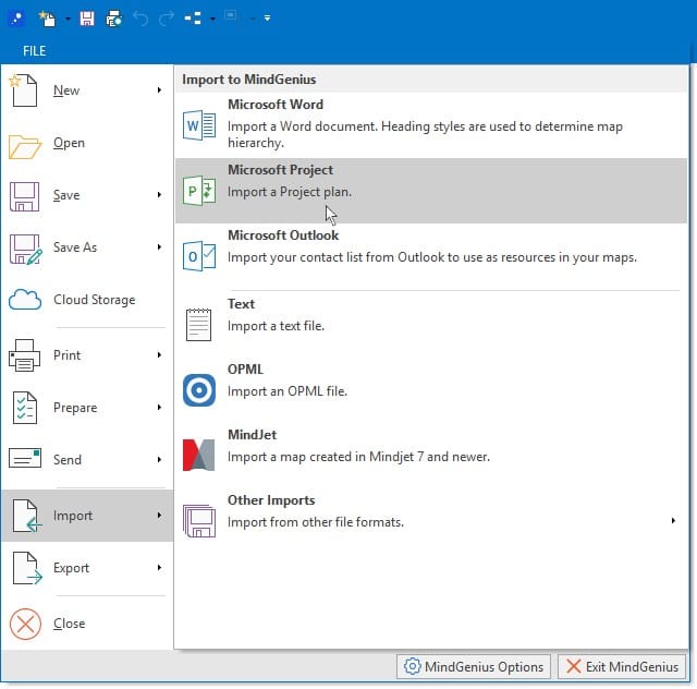 Screenshot from MindGenius desktop showing how to import from microsoft project