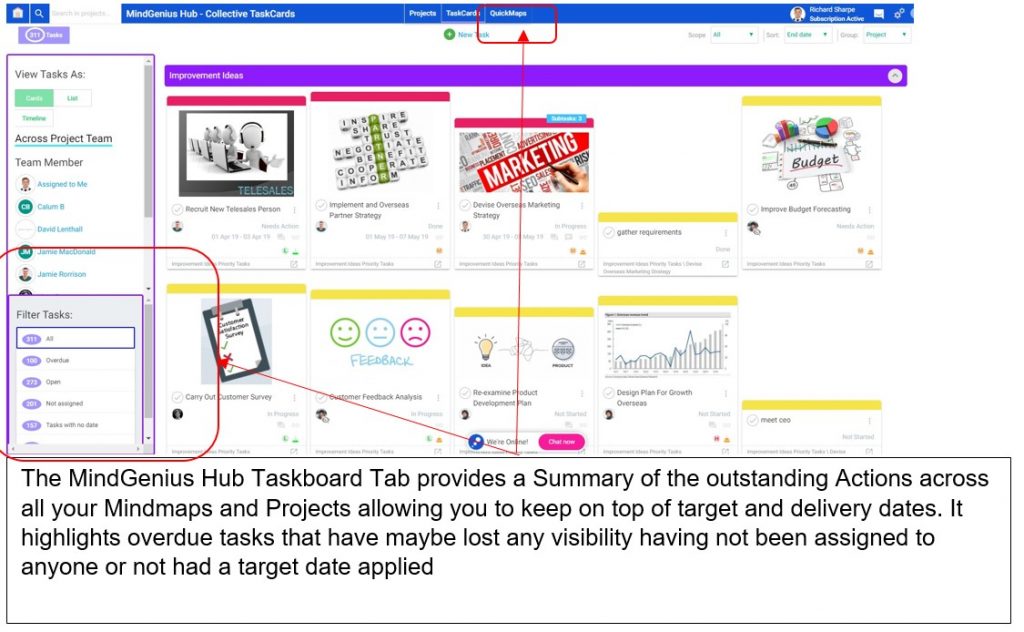 mindgenius hub screenshot filtering by quickmaps