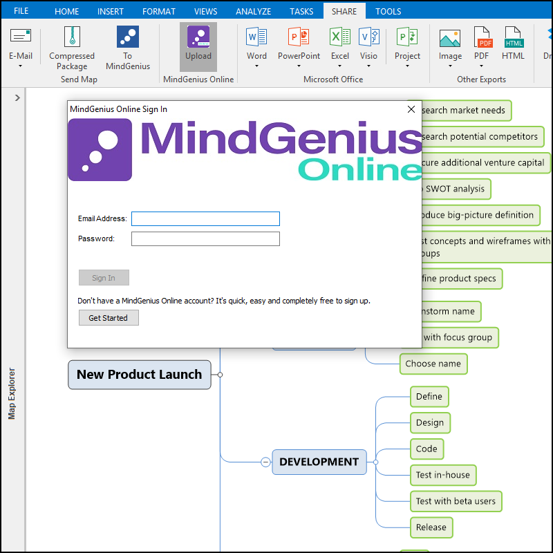 mindgenius online sign in page from mindgenius desktop software