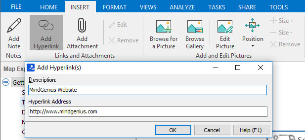 adding or editing a hyperlink within mindgenius desktop