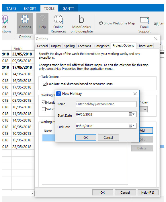 adding a holiday into a project on mindgenius desktop