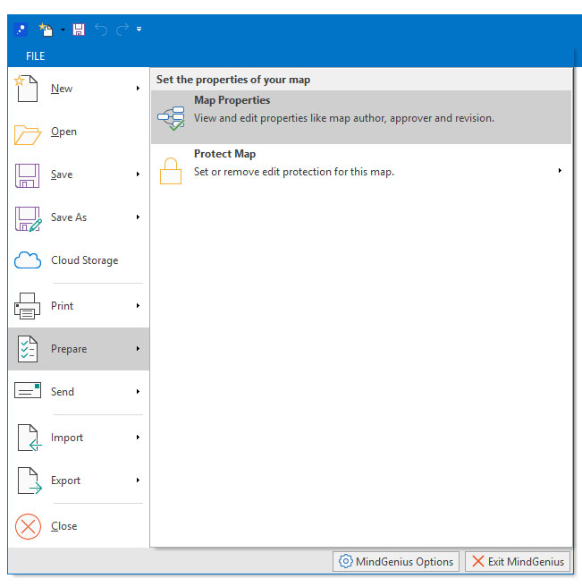 layout of mindgenius desktop shwoing how to access the map properties