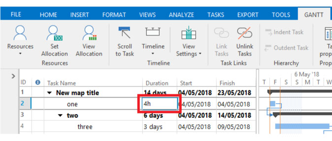 gantt chart showing how to change the duration of a task