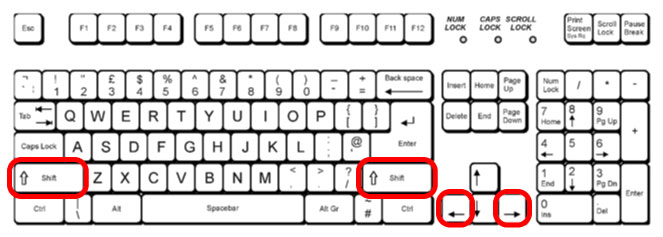 image of a keyboard with the shift buttons and side arrrows circled in red