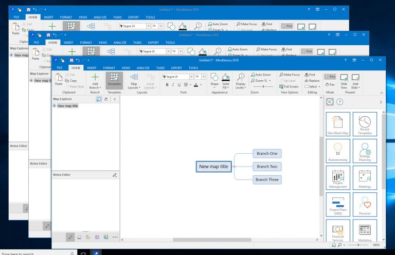 multiple mindgenius mind maps opened on one laptop screen