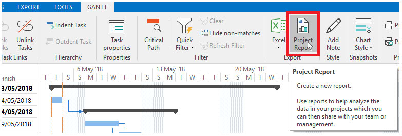 Generating reports within the Gantt View