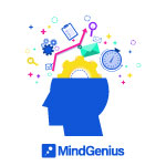 image of a head with thoughts inside and mindgenius blue logo below it