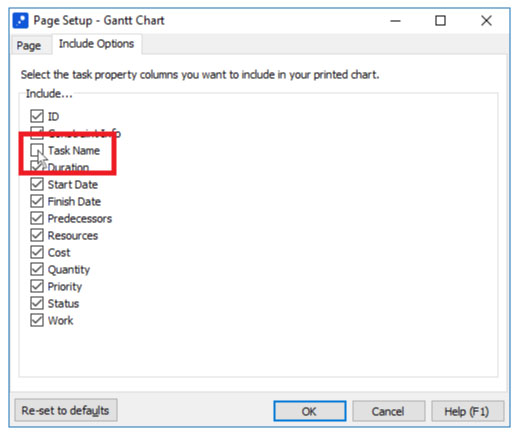 page setup for a gantt chart