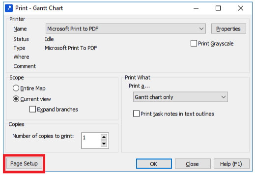 page setup for a gantt chart