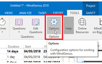 showing the options button on a gantt chart through mindgenius