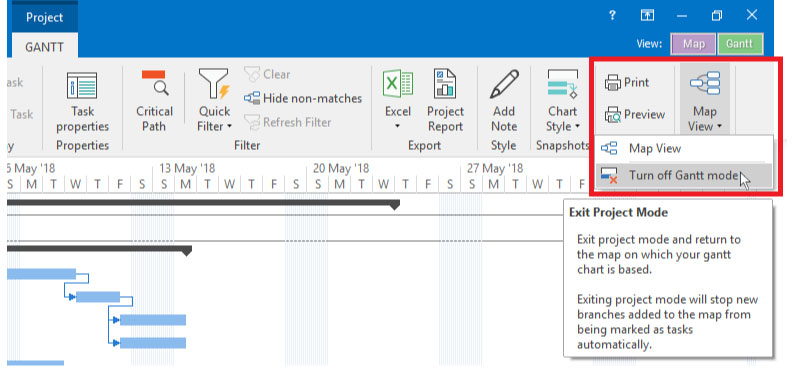 screesnhot of mindgenius showing how to turn off gantt mode