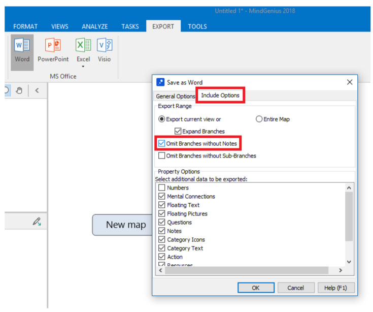 exporting branches without notes on mindgenius