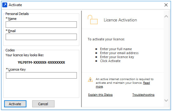 licence activation screen in mindgenius