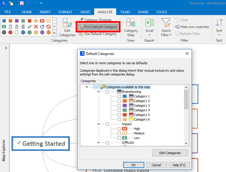 choosing a default category for a mind map