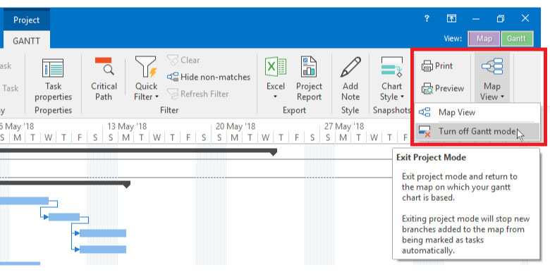 screenshot of mindgenius showing how to turn off gantt mode