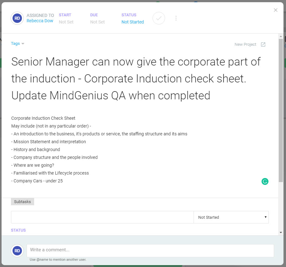 task data screen showing relevant information to a specific project