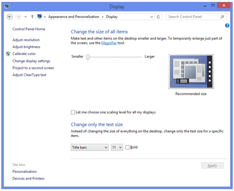 screen showing how to change the size of your display