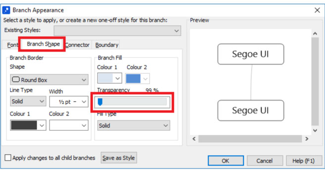 shwoing the branch shape settings in mindgenius