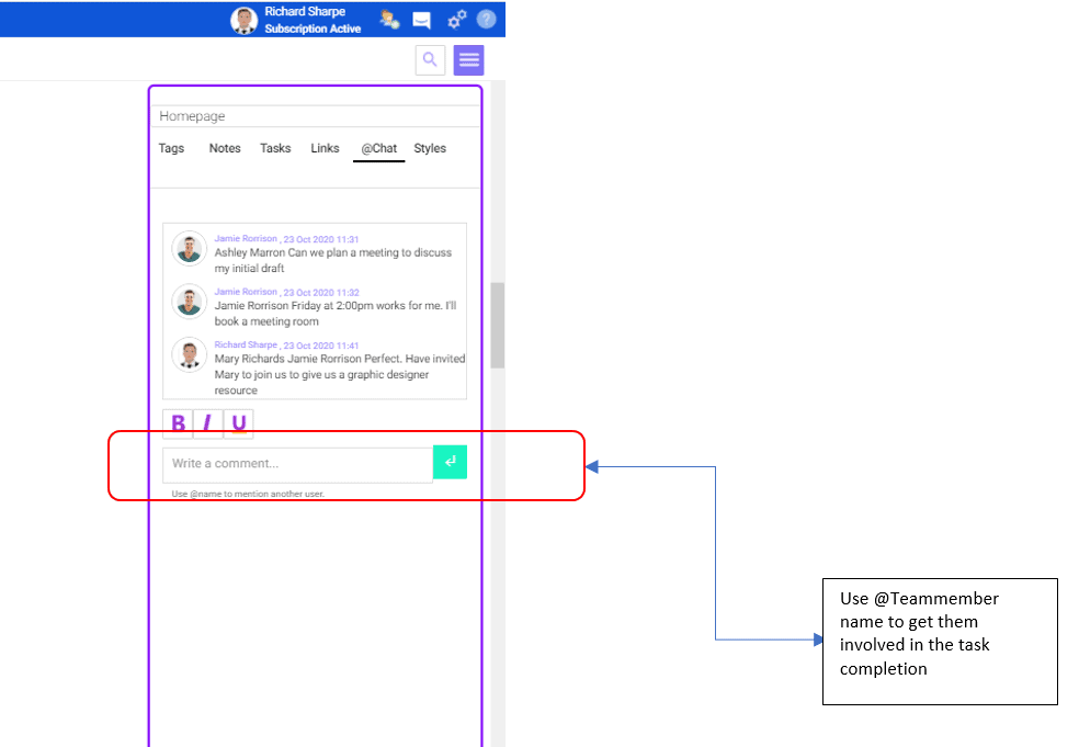 screenshot of mindgenius online showing how to write a comment