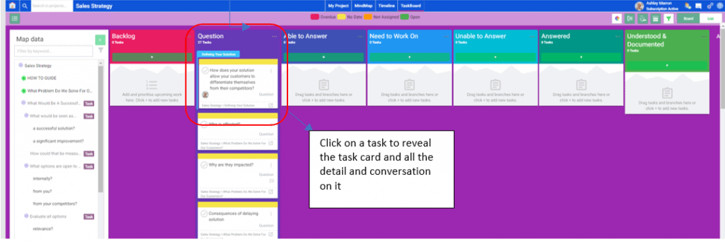 mindgenius online taskboard showing many task columns