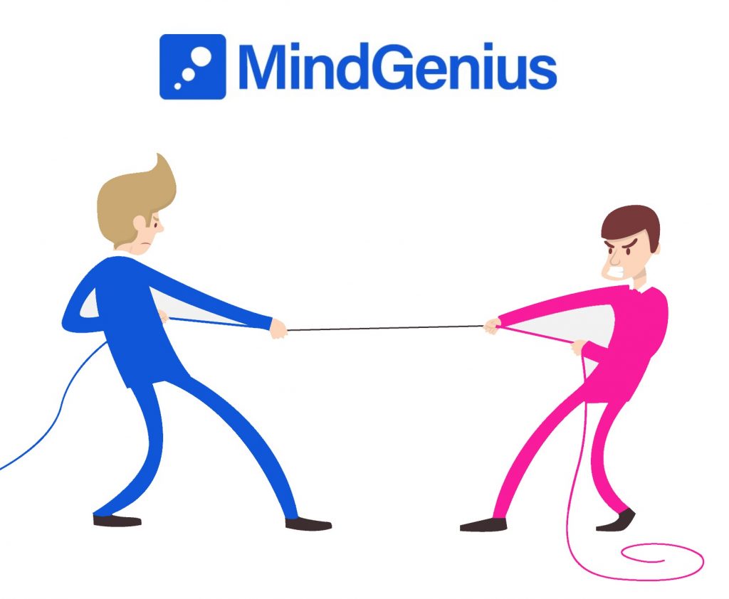 two men tussling over a rope with the mindgenius logo above them