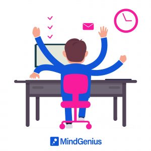 man with 4 arms representing productivity working at a desk