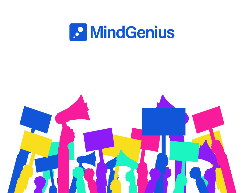 mindgenius logo above protestors