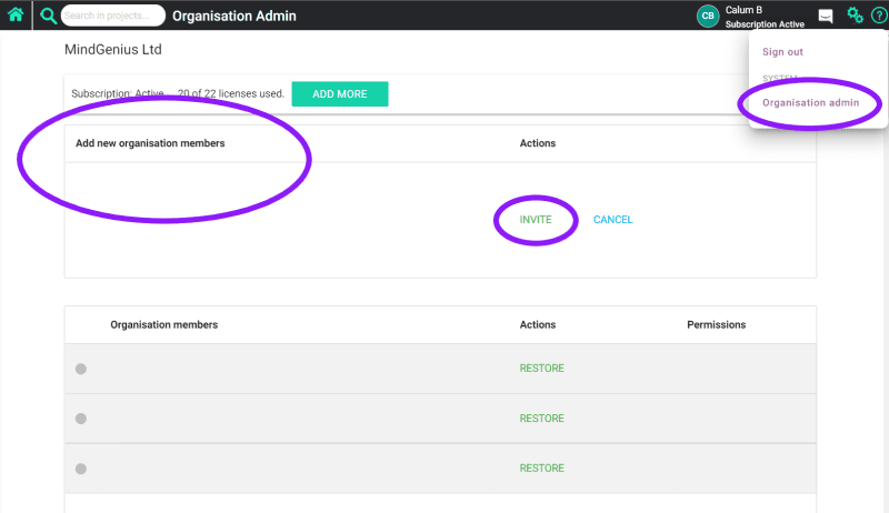 Student Guide to MindGenius : Image to show adding new organization members to MindGenius Online