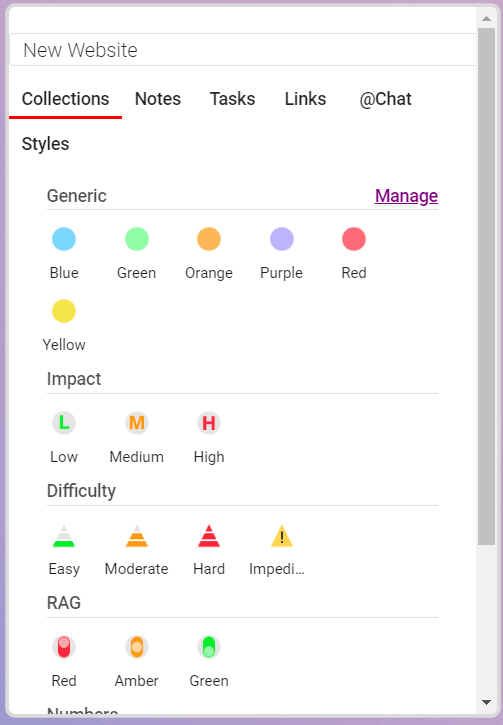 Am image of the potential categories that can be selected for categorizing ideas or actions within MindGenius Online