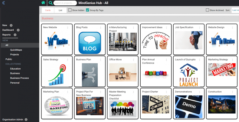 An image of projects grouped by tags within MindGenius Online