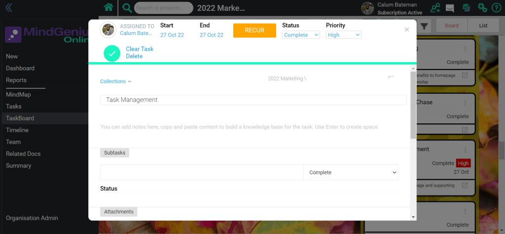 An image of the key task properties and subtasks within MindGenius Online
