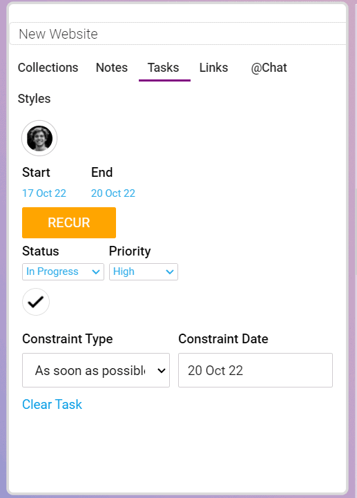 An image illustrating the key properties of the tasks being actioned within MindGenius Online