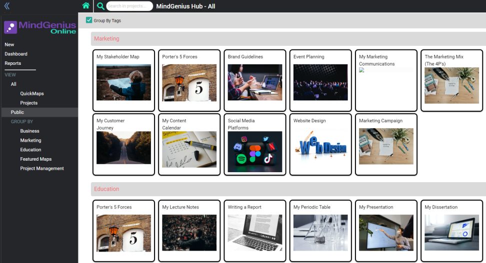 An image of Public Projects grouped by tags on the MindGenius Online hub